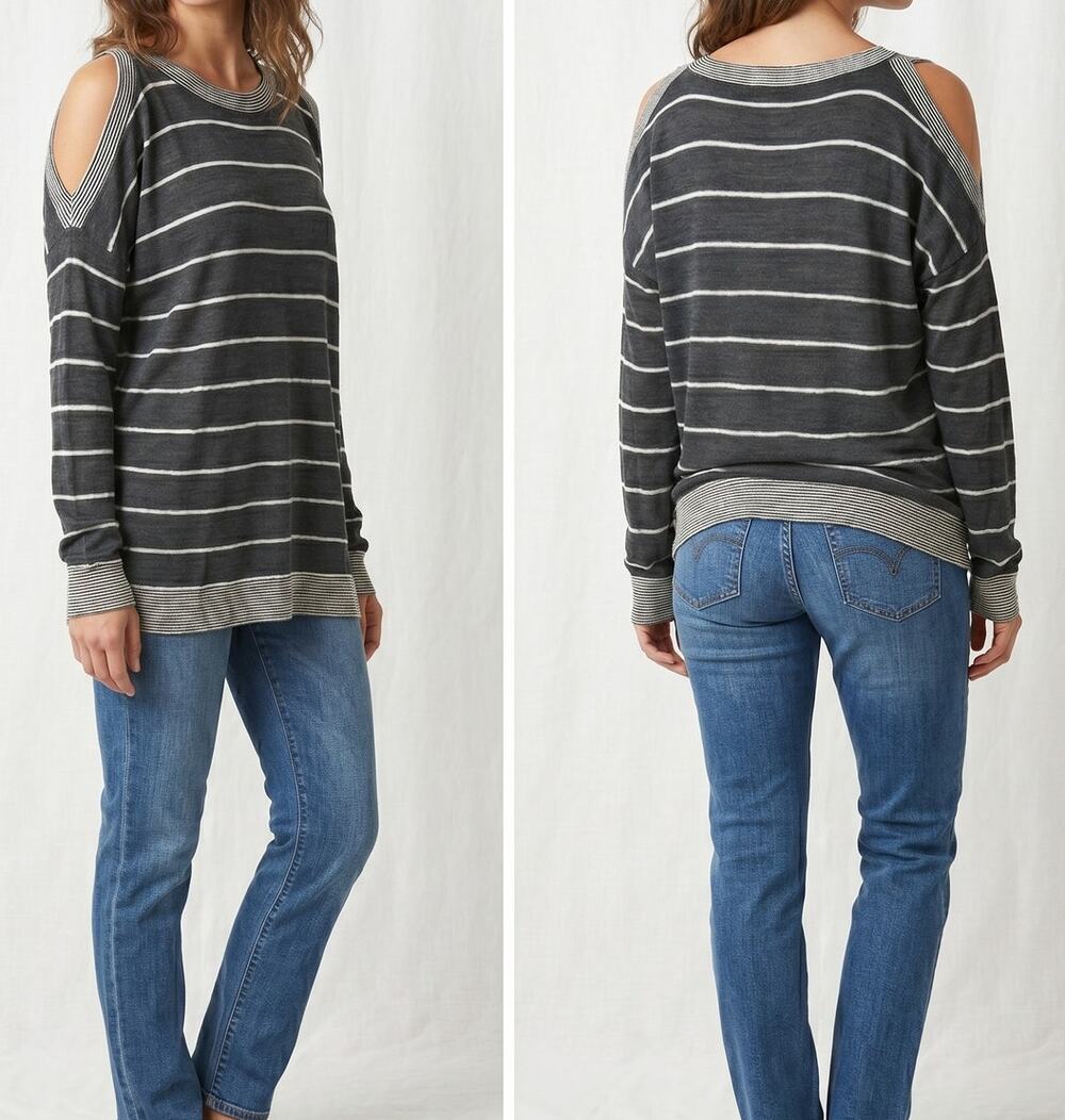 LOFT Womens Medium Cold Shoulder Gray Stripe Shirt Cotton Blend